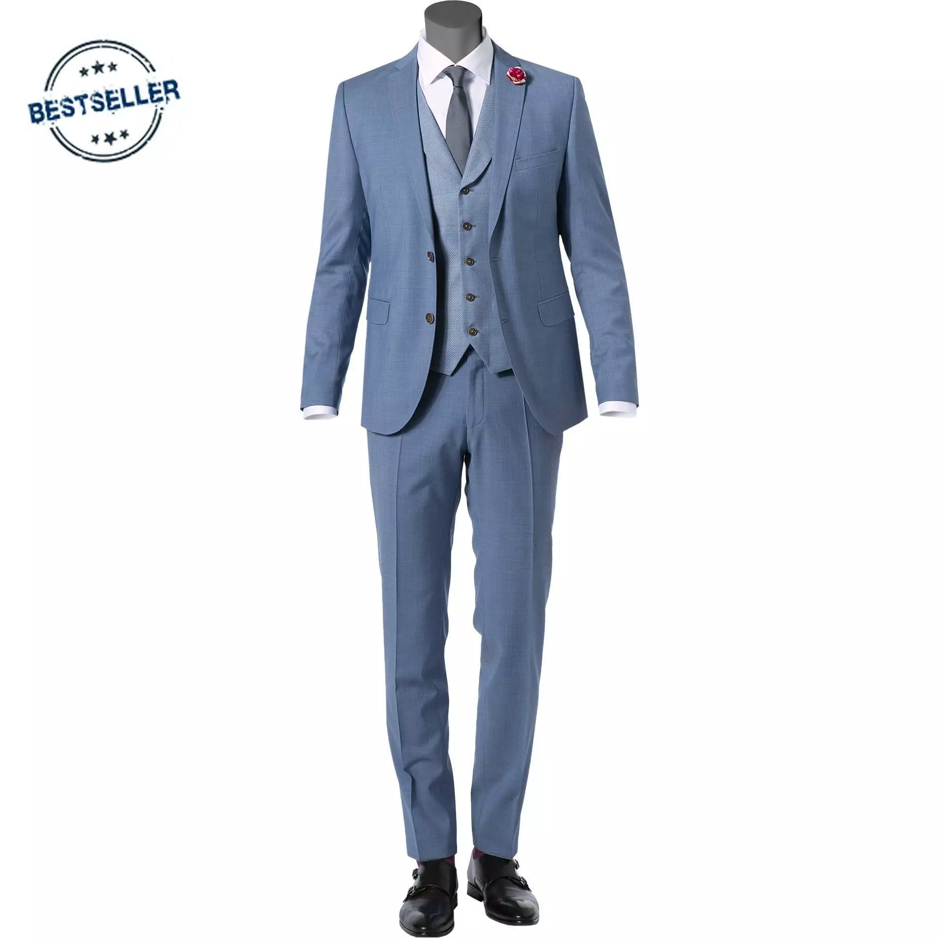 CG Anzug 80-140S0/424002+430013+139N1/441043/61 Anzug mit Weste, Slim Fit, Schurwolle, Rauchblau, Hellblau 3 CG Anzug 80-140S0/424002+430013+139N1/441043/61 Anzug mit Weste, Slim Fit, Schurwolle, Rauchblau, Hellblau